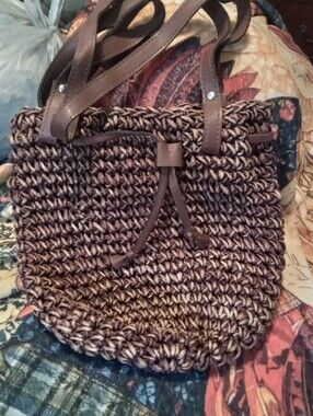 #1601 Woven Brown Straw Tote Bag with Leather Trim